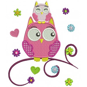 Mommy Owl And Baby Owl Sitting On The Branch Filled Machine Embroidery Design Digitized Pattern